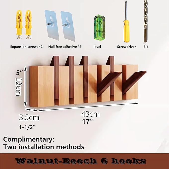 Wall Mounted Piano Key Hanger | Flip Style Hook | Entrance Wall Art Hook, Made of Oak Wood (3 Times Painted, 4 Times Polished) (Walnut-Beech, 6Hooks)