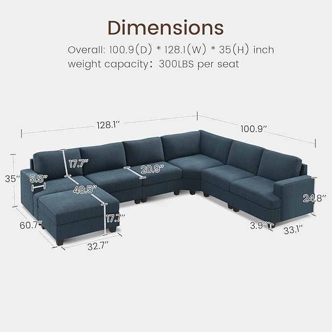 Nolany Modular Sectional Couch with Storage Ottoman, Corduroy Sectional Sofa with Chaise, U Shape Sectional Couches for Living Room, Blue