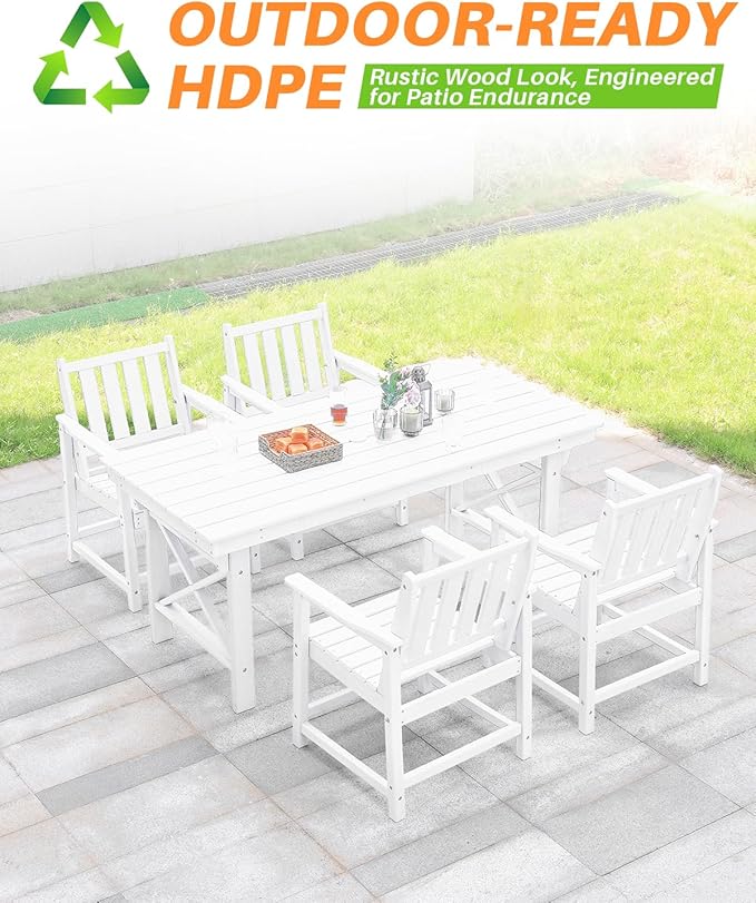 HDPE Patio Dining Set, 5-Piece Outdoor Table and Chairs with Umbrella Hole, Modern Outdoor Dining Set for 4, HDPE Outdoor Patio Furniture Dining Sets for Deck, Poolside, Porch, Pearl