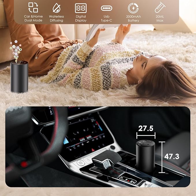 Waterless Essential Oil Diffuser, Portable Aromatherapy Diffuser, Mini Scent Machine, Battery Operated, 1/4/8-Hour Timer, 20ml Capacity, 3 Mist Levels for Home, Car, Room Office,No included oil(Black)