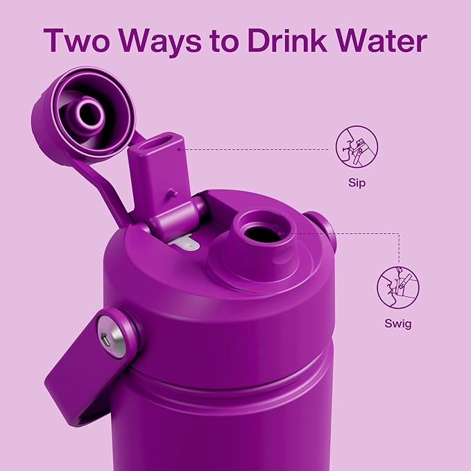 Kids Insualated Water Bottle with Straw - 12oz Stainless Steel Water Bottle with Dual Spouts, Leak-Proof, BPA-Free, Double Wall Vacuum Keeps Cold for 24 Hours for Sports, Travel (Bright Magenta)