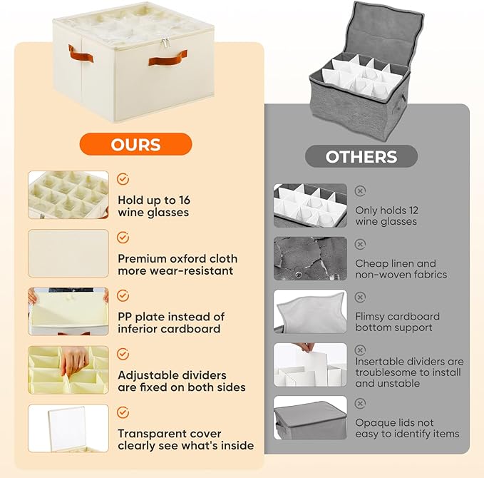 Wine Glass Storage Box with Dividers, 2 Pack Glassware Storage Containers, Stemware Storage Cases Holds 32 Wine Glasses, Stackable Crystal Storage Containers with Clear Cover for Moving，Beige