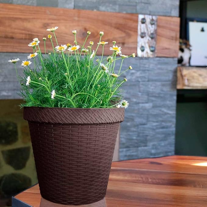 Elly Décor Set of 2 10 inch Round Saucer Modern Self Watering Planter Plates, Pots with Rattan-Like Finish, 10x10 chococlate Brown