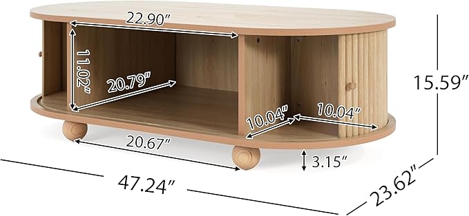Oval Coffee Table with Storage for Living Room, Retro Charm Wooden Fluted Center Table, 47.24" Modern Classic Accordion Door Coffee Tables Dual Level Storage Side Table for Home,Office-Natural