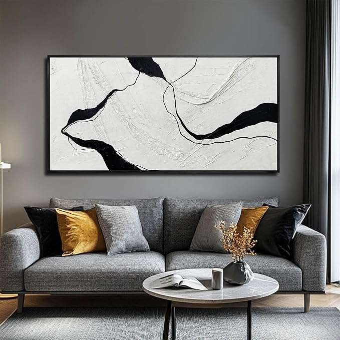 Framed Minimalist Wall Art 24"x48" Black and White Abstract Print Poster Line Canvas Modern Artwork for Living Room Bedroom Office Decor