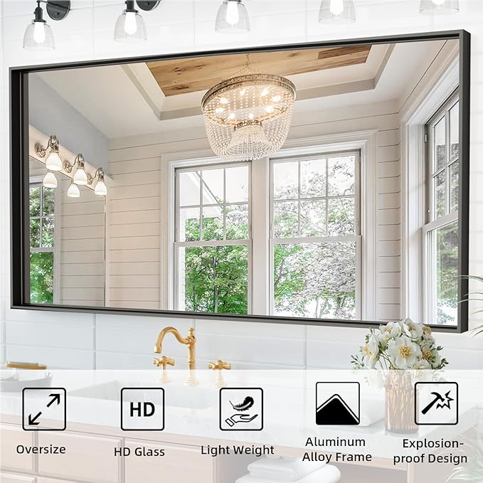 55”x 36” Black Bathroom Mirrors for Over Sink, Metal Framed Rectangle Mirror, Large Modern Wall Vanity Mirror, Mirrors for Wall Decor Living Room Bedroom Entryway (Horizontal/Vertical)