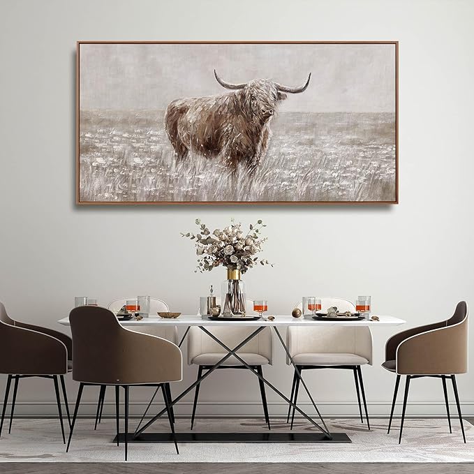 MLART99 Vintage Brown Highland Cow Painting Farmhouse Wall Art with Frame Country Decor Animal Poster for Living Room Bedroom Decor Ready to Hang 24x48