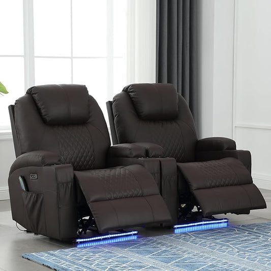 Power Recliner Chair with Heat and Massage, PU Leather Home Theater Seating with LED Lights/Cup Holders/Side Pocket/USB Port, Reclining Sofa Chair for Living Room(2, Brown)