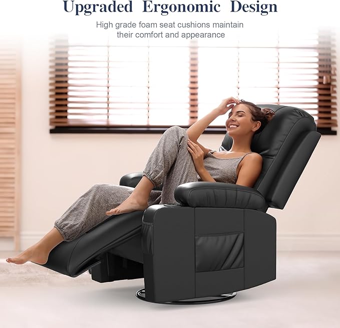 Recliner Chairs for Adults, FSC Certified Massage Rocker with Heated Modern Ergonomic Lounge 360 Degree Swivel Single Sofa Seat Living Room Lounge Recliners Black