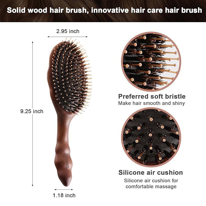 Premium Solid Wood Hair Brush, Nylon & Boar Bristle With Cushion Base, Exquisite Design, Detangling Hairbrush for all hair types