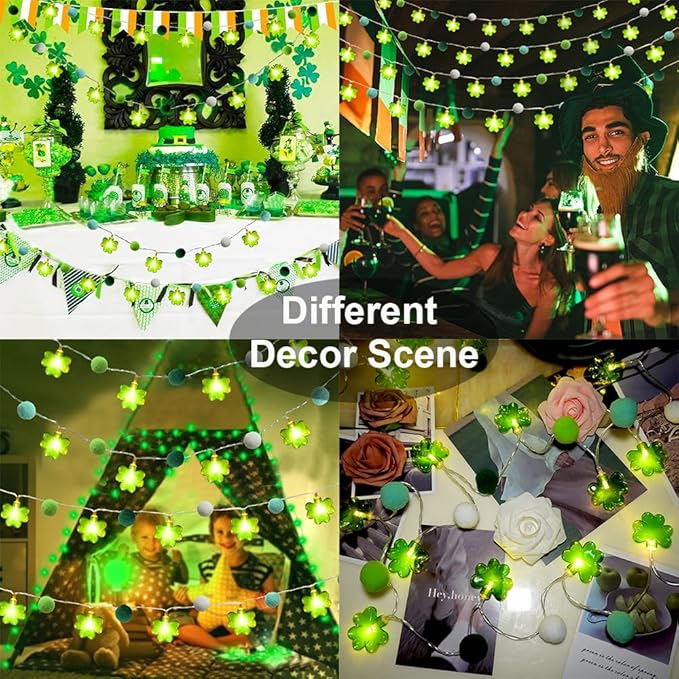 9.85Ft St Patricks Day Lights Garland 20 Pompoms 20 LEDs Green Lucky Clover Lights Shamrock String Lights with Timer for Indoor Bedroom Party Bar Garden St. Patrick's Day Decoration Green Irish Decor