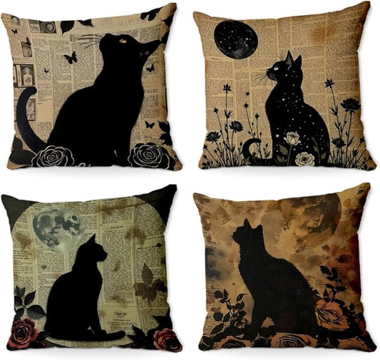 4Pcs Vintage Cat Decorative Pillow Covers, Cats Decor Halloween Moon Cat Throw Pillow Square Cushion Covers 18x18 inch Nursery Living Room Home Decor for Car Bed Couch