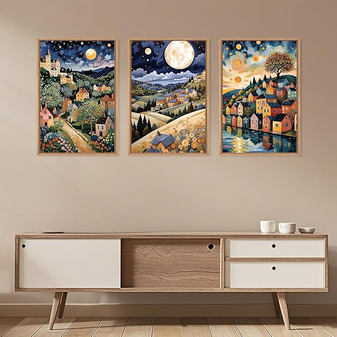 LHIUEM Large Abstract Colorful Framed Canvas Wall Art,Retro Night Village Wall Decor,Natural Moon Stars Wall Painting,Gustav Klimt Scenery Artwork for Living Room,Bedroom,Dining Room,Office -24"x36"x3