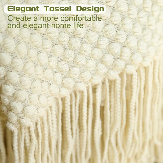 Blagic Knitted Throw Blanket for Couch, Bed and Sofa. Super Soft Blanket with Tassels, Beige/Ivory Throw Blanket, 50 x 60 Inches Lightweight & Cosy Home Decor