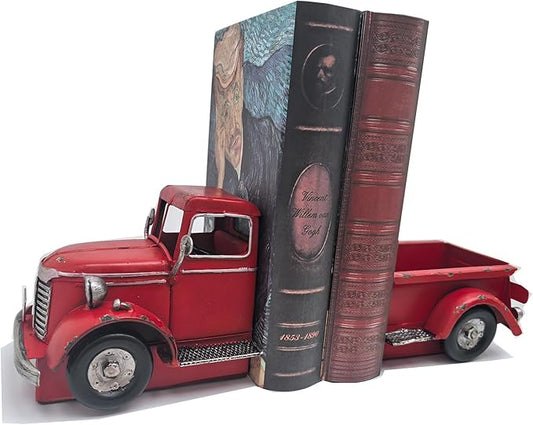 Decorative Book Ends Vintage Bookends: Metal Truck Book Stopper for Heavy Books - Farmhouse Decor for Shelf Table Coffee Bar Office Home - Gift for Adults Men Teen (Vintage Red)