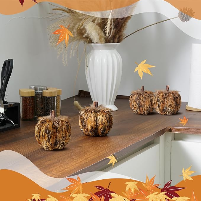 naturevibe 4.3 Inches Elegant Feathered Pumpkin Decor Set of 4 for Thanksgiving Decorations, Natural Feather Pumpkins as Fall Home Decor,Centerpieces for Tables or Autumn Harvest Gifts
