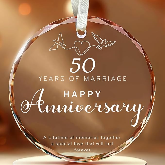 50th Wedding Anniversary Glass Ornament – Elegant Clear Glass Christmas Tree Decoration & Golden Anniversary Keepsake Gift for Parents, Grandparents, or Couples Celebrating 50 Years