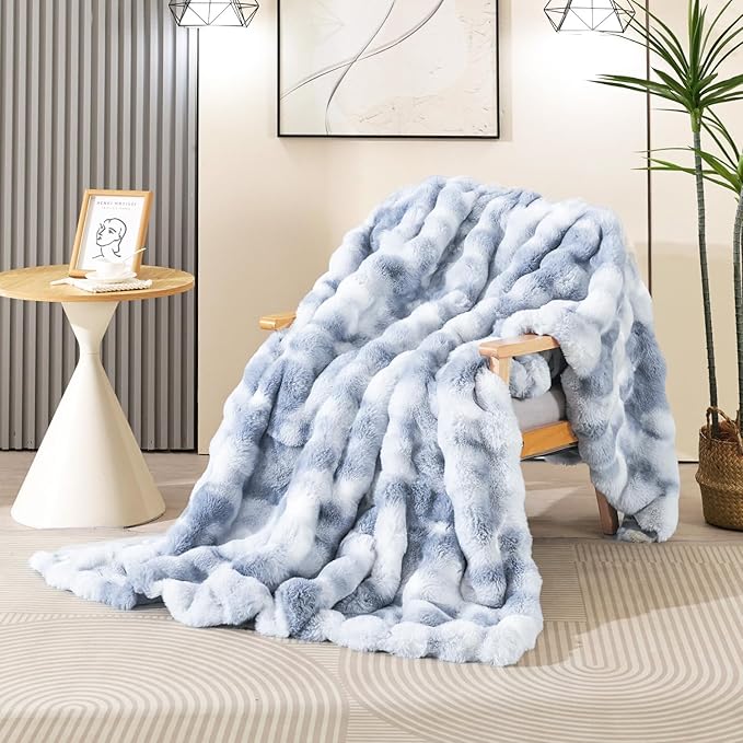 Latepis Faux Fur Throw Blanket for Couch, Soft Luxury Faux Fur Bubble Blanket for Sofa and Bedroom, Plush Thick Warm Cozy Fluffy Blanket for All Seasons, 50” x 60”, Tie-dye Blue