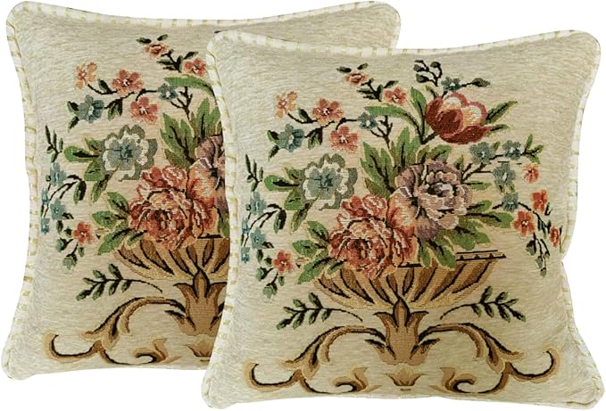 Set of 2 Beige Vintage Throw Pillows Covers 18x18in，Floral Embroidered Cushion Cover for Sofa Bedroom，Euro Sham Covers Retro Home Decor Pillows Covers