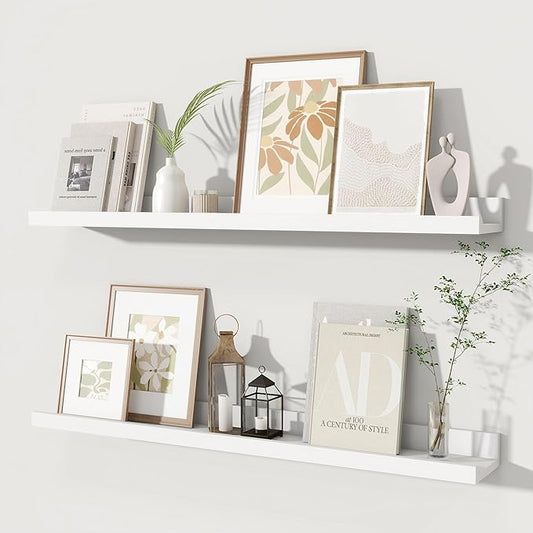 Fun Memories Picture Ledge Shelves Set of 2, 32 Inch Rustic Wall Mounted Floating Shelves with Lip for Home Storage and Décor in Bathroom, Kitchen, Nursery, Bedroom, Living Room, White