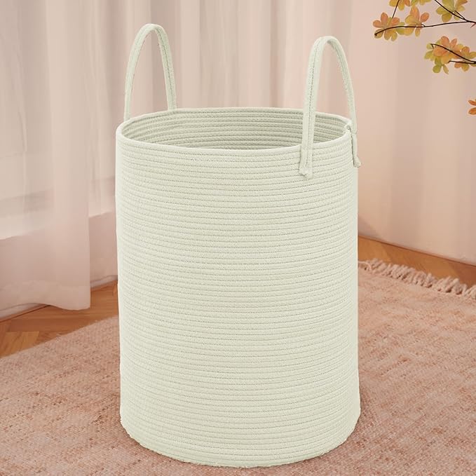 Large Woven Laundry Basket Hamper,80L Cotton Rope Storage Bin for Blankets,Toys and Clothes,Decorative Tall Nursery Hamper for Living Room,Baby Nursery,Bathroom and Bedroom,White