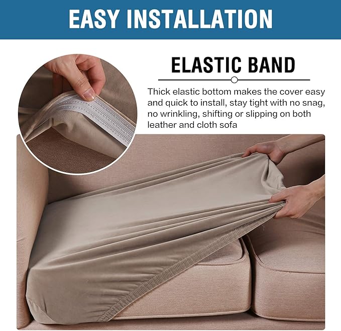 H.VERSAILTEX Velvet Stretch Couch Cushion Cover Plush Cushion Slipcover for Chair Loveseat Sofa Cushion Furniture Protector Seat Cushion Sofa Cover (2 Piece Medium Sofa Cushion Covers, Taupe)