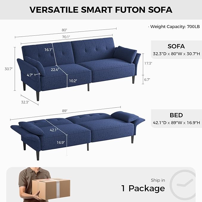 89” Futon Sofa Bed, Linen Comfy Futon Couch Bed with 2 Square Pillows, Convertible Sleeper Sofa with Adjustable Backrest& Armrests, Modern Loveseat Sleeper for Living Room, Bedroom, Blue