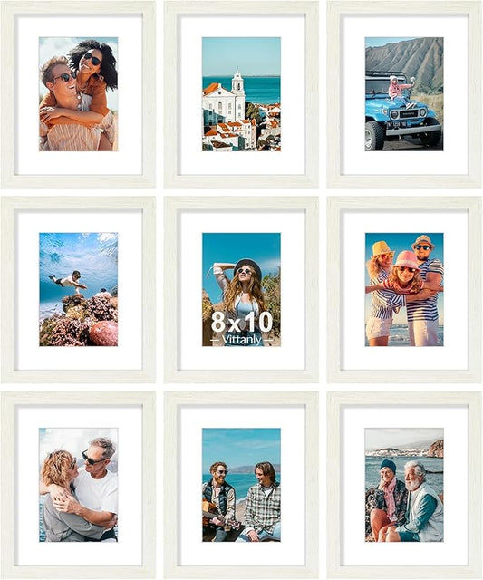 Vittanly 8x10 Picture Frames Set of 9, Shatter Resistant Plexiglass, Display 5x7 Pictures with Mat or 8x10 without Mat, Photo Frames for Wall or Tabletop, Engineered Wood, Whitemist