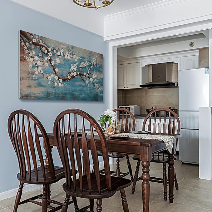 Large Canvas Wall Art for Living Room- 100% Hand-Painted Oil Painting with Texture, Extra Large Gallery Wrapped Floral Plum Blossom Tree Artwork Blue Teal Lake Wall Picture for Bedroom, Office Decor