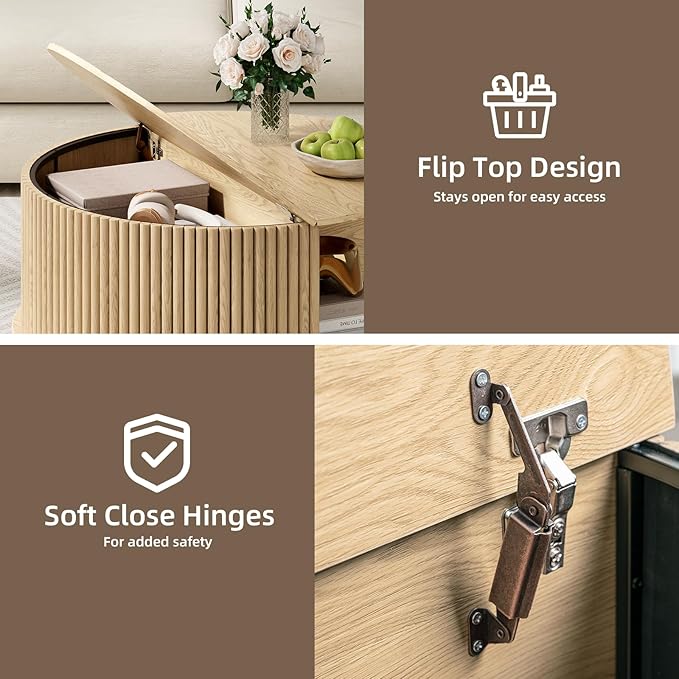 Round Coffee Table with Storage,Fluted Lift Up Coffee Table with Sliding Door,31.5" Drum Center Table with Bun Feet for Living Room,Home Small Space,Oak