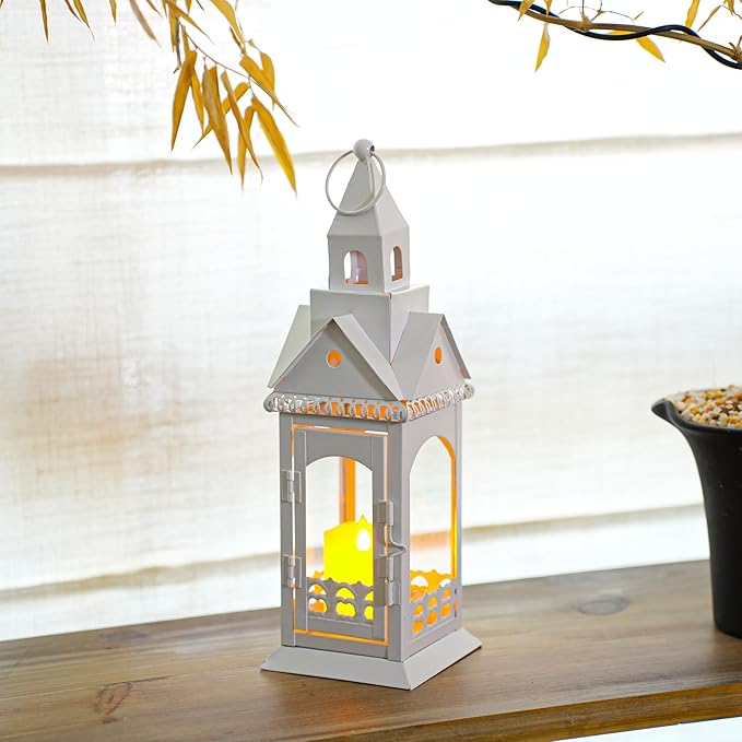 TRIROCKS Rustic Style Metal Candle Lantern 12'' High Decorative Outdoor Lantern Candle Holder with Tempered Glass House Shape for Home Living Room Garden Patio Parties Indoors Outdoors (White)