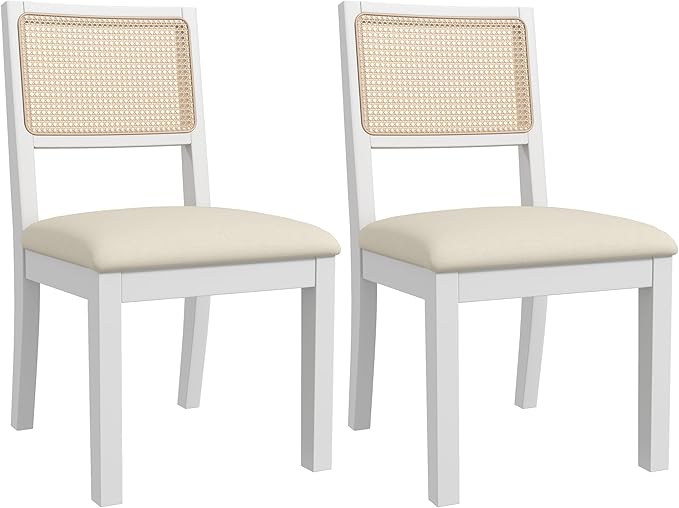 Westice Rattan Dining Chairs Set of 2, Farmhouse Natural Dining Room Chairs with Upholstered Cushion, Wood Armless Chairs for Kitchen/Restaurant, White