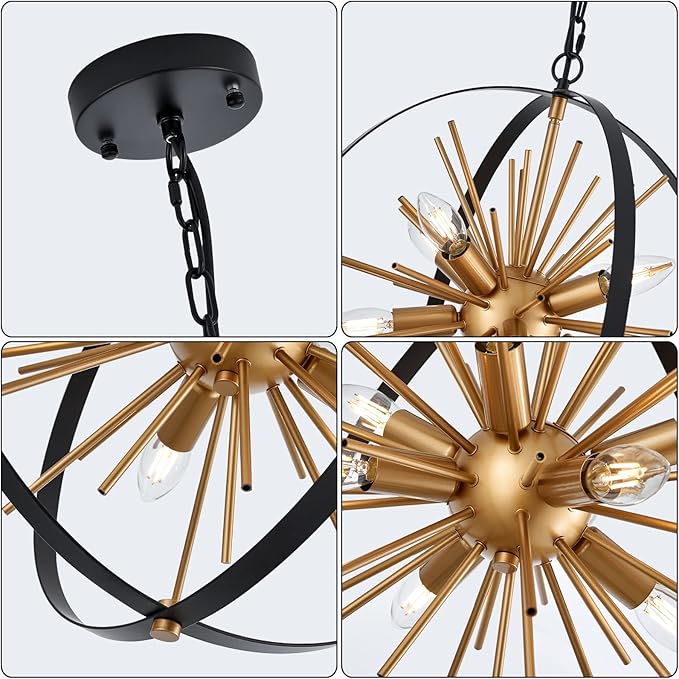 17.72'' Black Gold 8-Light Globe Sputnik Chandelier Modern Industrial Adjustable Hanging Ceiling Firework Pendant Light Fixture for Entryway Stairway Kitchen Dining Living Room Hallway