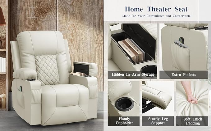 Recliner Chairs for Adults, Massage Rocker with Heated Modern Ergonomic Lounge 360 Degree Swivel Single Sofa Seat Living Room Lounge Recliners Ivory White