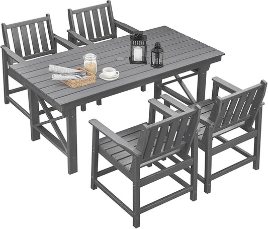 HDPE Patio Dining Set, 5-Piece Outdoor Table and Chairs with Umbrella Hole, Modern Outdoor Dining Set for 4, HDPE Outdoor Patio Furniture Dining Sets for Deck, Poolside, Porch, Smoke Gray