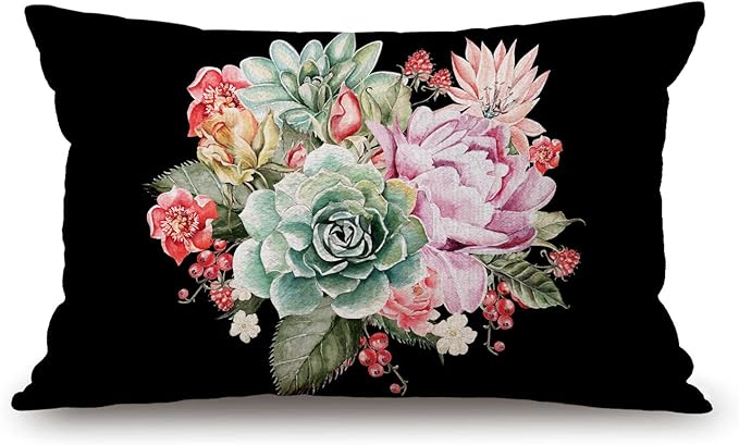 Watercolor Vintage Rose Pillow Cover Farmhouse Peony Succulents Decorations Cushion Case for Sofa Couch Cotton Linen 12x20 Inches