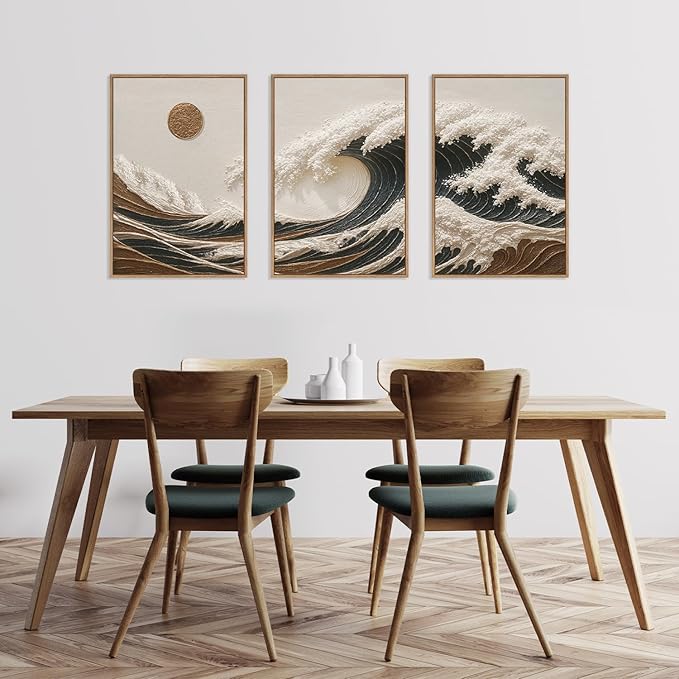 HLNIUC Sea Wave Framed Canvas Wall Art,Abstract Sun Seascape Wall Decor Set of 3(16”x24”) Large Modern Ocean Beach Art Print,Great Wave Sunset Pictures Canvas Famed Painting for Living Room,Bedroom