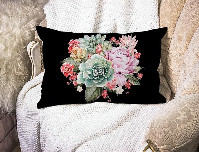 Watercolor Vintage Rose Pillow Cover Farmhouse Peony Succulents Decorations Cushion Case for Sofa Couch Cotton Linen 12x20 Inches