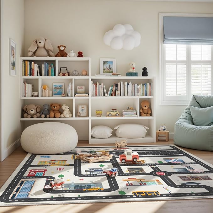 5x7ft Kids City Road Car Play Rug - Non-Slip Faux Wool Carpet with Interactive City Map Design, Educational Toy Vehicle Mat for Kids, Bedroom Playroom Nursery Gift.