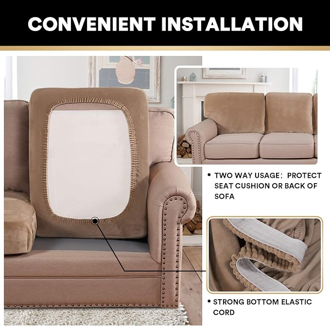 PrinceDeco Super Soft Couch Cushion Covers for Sectional Couch, Velvet Sofa Slipcover for Cushion Sofa pet Friendly with Elastic Bottom(Each Width Up to 29.5", Camel)