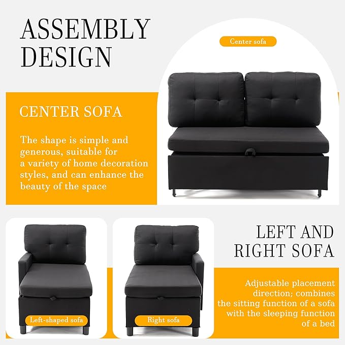 Pull Out Couch, Oversized Sleeper Sofa Couch, Sectional Sleeper Sofa Bed for Living Room Bedroom Lounge (Black, 73 Inch)