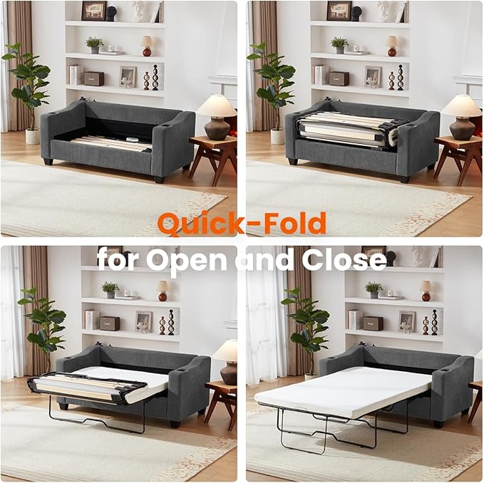 Pull Out Sofa Bed, Full Size Sleeper Sofa, 2-in-1 Convertible Corduroy Couch with USB Charging, Memory Form Couch for Living Room, Apartment and Small Space (Dark Grey, Corduroy - Full Size)
