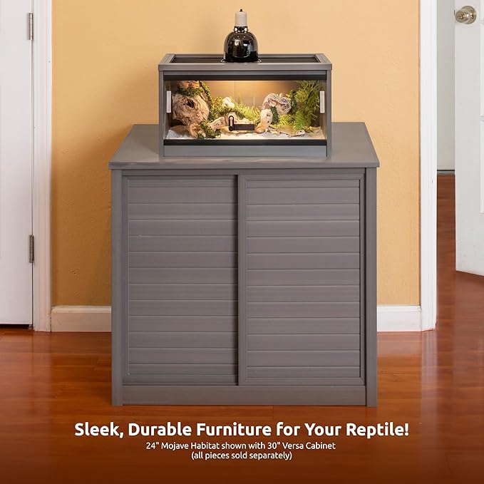 New Age Pet ECOFLEX 24-Inch Mojave Reptile Lounge in Grey - Durable Wood Plastic Composite Habitat with Ventilated Side Panels, Removable Sliding Glass Doors, and Mesh Screen Top