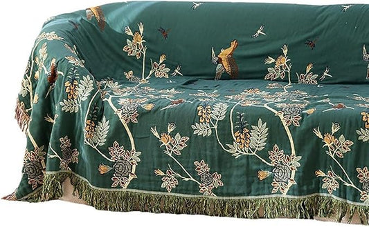 Boho Muslin Blanket for Adults 4-Layer Gauze Twin Size Soft Cozy 100% Cotton Summer Cooling Blanket Floral Decor for Sofa Bed Coverlet Both Sides (Tassels Birds and Floral, Twin 60 x 80 in)