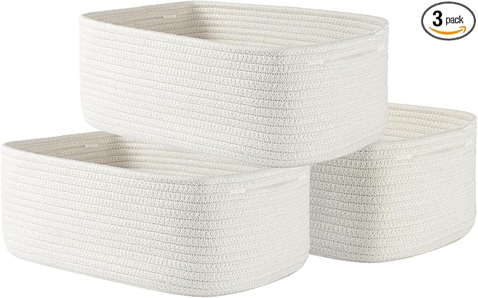 KALLAX Small Woven Basket, 13.5 x 9.5 x 5 Inches, Storage Basket for Organizing, Cute Small Rope Shelf Closet Cube Storage Bins Baskets for Shelves, Dog Toy Gift Baskets Empty, 3 Packs, Off White