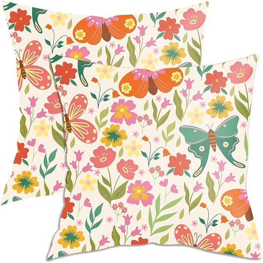 2 Pack Cute Wildflowers Butterfly Decor Throw Pillow Covers, 18x18 Pillow Cover, Decorative Couch Pillow Covers Flower Decor Pillowcase for Sofa Cushion Sofa Home Bedroom Office Car Seat Living Room