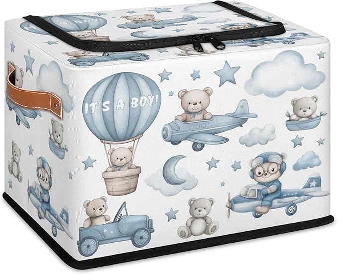Rectangular Storage Baskets for Shelves - Waterproof Foldable Laundry Basket, Nursery Hamper, Reusable Toy Bin for Organizing Toys, Books, Clothes, Closet 14"x10.2" x10.4" (Little Bear)