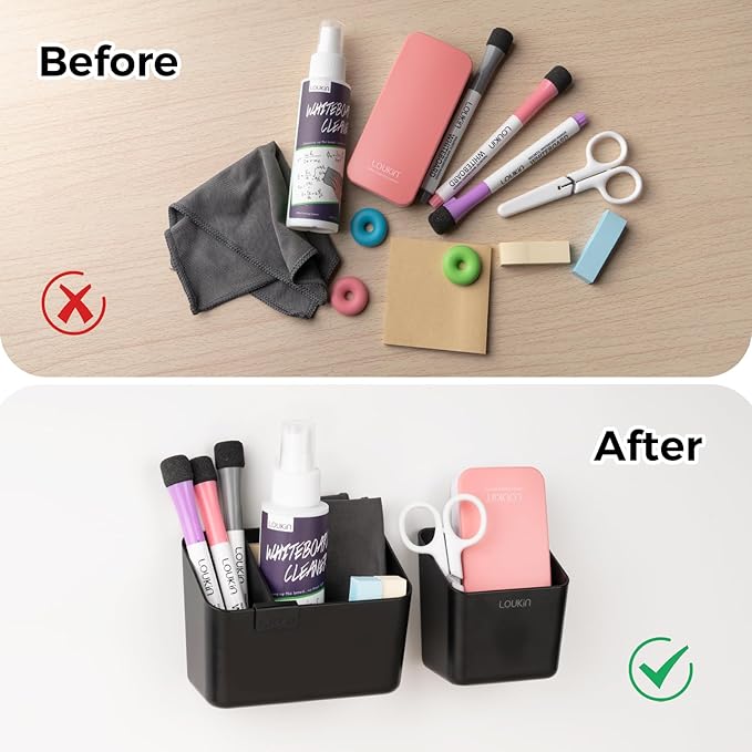 loukin Magnetic & Adhesive Dry Erase Marker Holder with Diver, 1 Small + 1 Mini, Magnetic Storage Organizer for Whiteboard or Refrigerators (Black)