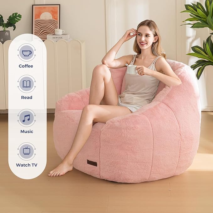 MAXYOYO Bean Bag Chair, Comfy Bean Bag Sofa with Back Support, Faux Fur Bean Bag Chair for Adults and Kids, Stuffed Floor Sofa for Living Room, Bedroom, Apartment, Pink