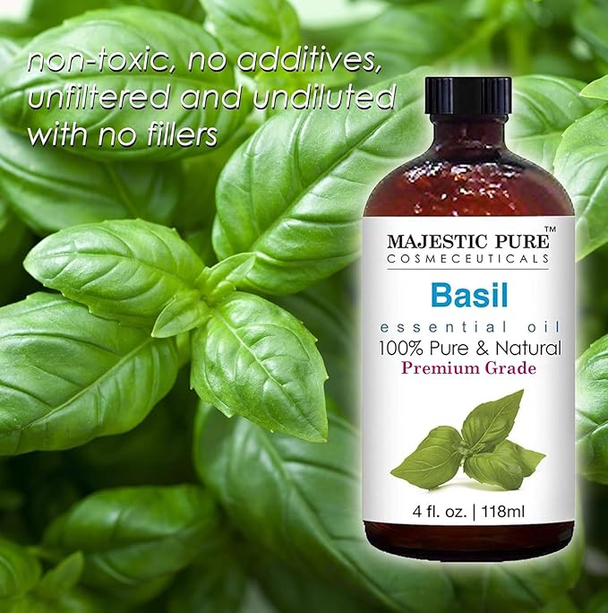 Majestic Pure Basil Essential Oil with Glass Dropper - Huge 4 Fl Oz - 100% Pure and Natural Basil Oil - Premium Grade Essential Oils for Diffuser, Aromatherapy, Soap and Candle Making